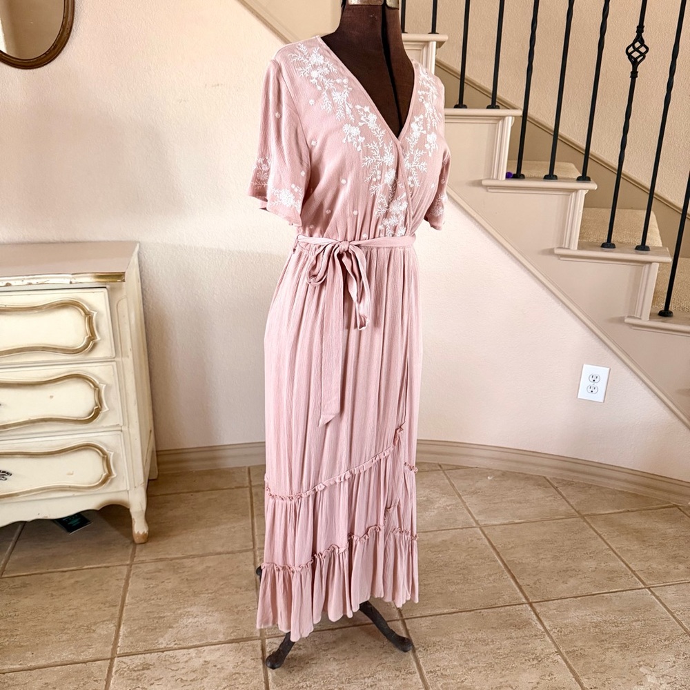 BOHME Size Small Dusty Pink Embroidered Feminine Tiered Ruffle Maxi Dress Spring - Picture 2 of 11